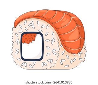 Sushi roll with salmon topping 2D cartoon object. Salmon slice draped over rice wrap with fish roe. Japanese cuisine food dish isolated element flat vector clip art on white. Spot illustration