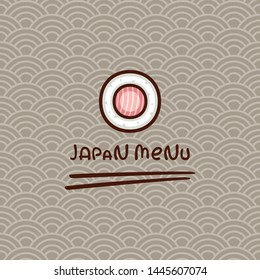 Sushi Roll with salmon vector illustration. Template for sushi bar logo. Japanese food on traditional ornament. Menu design.