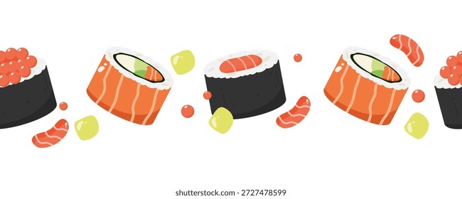 Rollo de sushi sin borde. Varias Ilustraciones vectoriales de sushi. Puede ser utilizado para la decoración del restaurante, mercado tradicional japonés