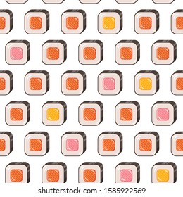 Sushi roll seamless pattern. Sea food japanese symbol. Vector repeating print.
