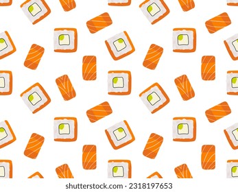 Sushi roll Seamless pattern. Uramaki sushi roll with cream cheese and avocado covered with salmon background. Traditional japanese food. Vector flat illustration wallpaper, wrapping, packing, textile