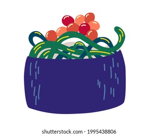 Sushi roll with seaweed and caviar. Gunkan maki sushi with salmon caviar. Hand drawn japanese food. Traditional Asian cuisine and food, illustration for social networks for restaurant, bar. Vector