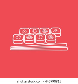 Sushi Roll Set With Chopsticks Line Icon On Red Background
