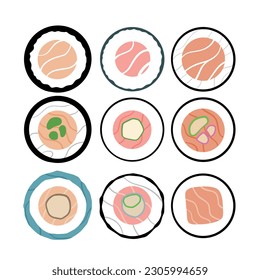 Sushi roll set. Circle round traditional japanese food. Flat style vector illustration isolated on white