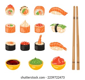 Juego de sushi y rollo de sushi, comida japonesa, ilustración vectorial.