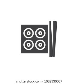 Sushi roll set on tray with chopsticks vector icon. filled flat sign for mobile concept and web design. Japanese food simple solid icon. Symbol, logo illustration. Pixel perfect vector graphics