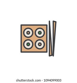 Sushi roll set on tray with chopsticks filled outline icon, line vector sign, linear colorful pictogram isolated on white. Japanese food symbol, logo illustration. Pixel perfect vector graphics