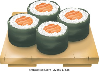 Sushi roll set on wooden plate, sliced sushi roll with salmon, oil paint style, digital paint, on white background. Asian food, japanese food, casual food hand drawn digital illustration.