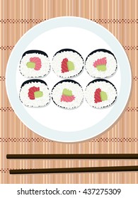 Sushi roll set with salmon and avocado filling on the round plate. Bamboo mat. Makizushi. Top view. Illustration. Japanese cuisine template. Asian food. Chopsticks.