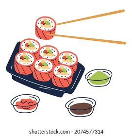 Sushi roll set with sauce, ginger, wasabi isolated design element set collection
