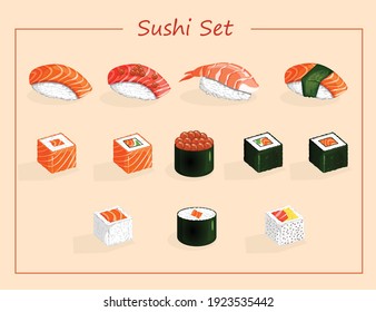 Sushi and roll set such as nigiri, gunkan maki, uramaki, futomaki, hosomaki. Vector illustrations of traditional Japanese cuisine on a colored background for stickers, web, site, menu, store