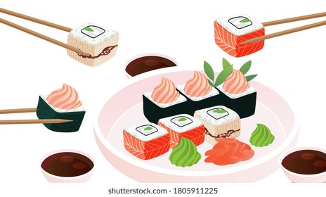 Sushi roll set vector illustration banner.  Big plate of classic sushi california, philadelphia and lava maki with wooden chopsticks, soy souse, ginger, wasabi. 