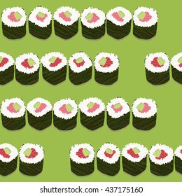 Sushi roll sets with salmon and avocado filling. Illustration. Seamless pattern. Asian texture. Japanese cuisine template. Pattern fills. For decoration or printing on fabric.