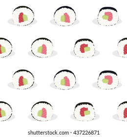 Sushi roll sets with salmon and avocado filling. Illustration. Seamless pattern. Asian texture. Japanese cuisine template. Pattern fills. For decoration or printing on fabric. White background.