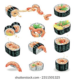 Sushi roll with shrimp and nori on a white background vector 3D graphics for a restaurant