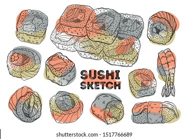 Sushi roll sketch set. Hand drawing  Japanese cuisine. All elements are isolated in white background.Vector illustration.