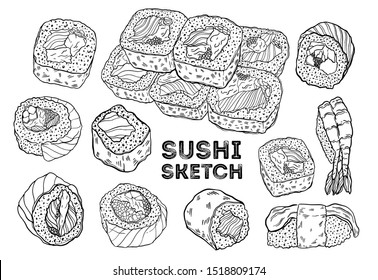 Sushi roll sketch set. Hand drawing  Japanese cuisine. All elements are isolated in white background.Vector illustration.