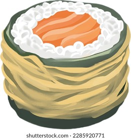 Sushi roll, sliced sushi roll with salmon, oil paint style, digital paint, on white background. Asian food, Japanese food, casual food hand drawn digital illustration.