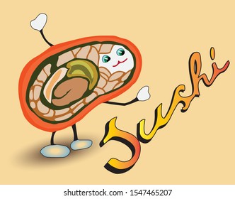 Sushi roll with a smiling face. Funny roll. In color