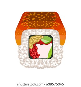 Sushi roll with smoked eel topped, traditional Japanese cuisine. Colorful cartoon illustration