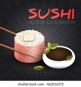 Sushi Roll with Soy Sauce and Food Sticks. Japanese Seafood. Vector illustration
