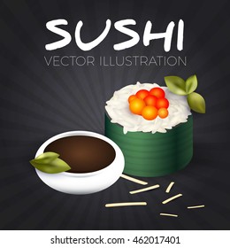 Sushi Roll with Soy Sauce. Japanese Seafood. Vector illustration
