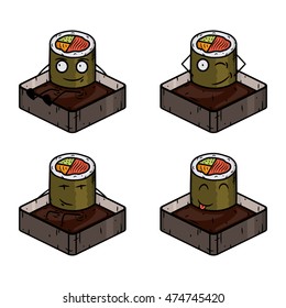 Sushi roll with soy sauce. Japanese food. Vector cartoon comic characters.