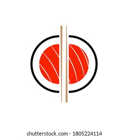 Sushi roll split in half with chopsticks, isolated vector illustration.