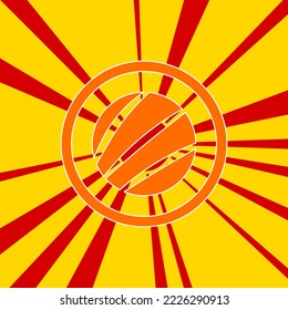 Sushi roll symbol on a background of red flash explosion radial lines. The large orange symbol is located in the center of the sun, symbolizing the sunrise. Vector illustration on yellow background