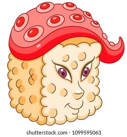 Sushi roll. Traditional Japanese food concept. Happy cartoon design for kids coloring book, colouring page, t-shirt print, icon, logo, label, patch, sticker.