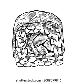 Sushi roll with tuna, crab and tobiko. Hand drawn food icon vector illustration.