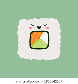 Sushi roll uramaki with salmon, top view. Cute character design. Vector cartoon illustration on a green background.