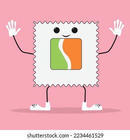 Sushi roll uramaki with salmon, top view. Cute character design. Vector cartoon illustration on a green background.