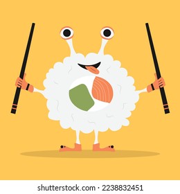 Sushi roll uramaki with salmon, top view. Cute character design. Vector cartoon illustration on a green background.
