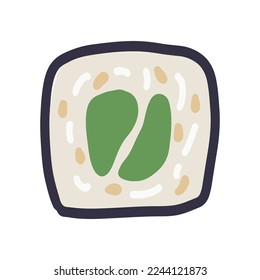 Sushi roll vector illustration with avocado. Cute hand drawn cartoon illustration for asian food menu, stickers, wall art, restaurant logo