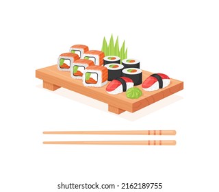 Sushi roll. Vector illustration of japan asian food, seafood, sashimi set. Collection of traditional food. Japanese cuisine. Sushi with tuna and salmon on wooden board with chopsticks and wasabi.