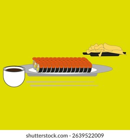 Sushi roll vector. Salmon topping row. Yellow background dish. Modern food layout.