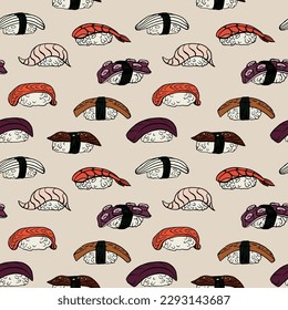 Sushi  roll vector seamless pattern. Doodle outline color illustration for package, textile or sushi shop or menu design.