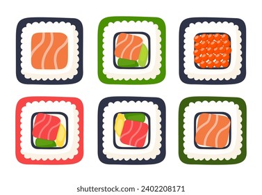 Sushi roll vector set. Japanese cuisine, traditional food. Vector illustration