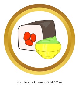 Sushi roll and wasabi vector icon in golden circle, cartoon style isolated on white background