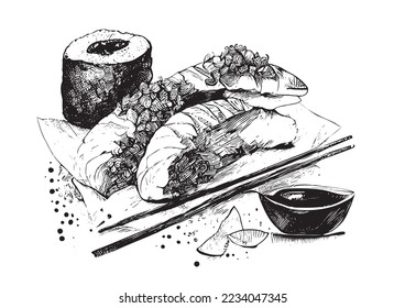 Sushi rollos de cocina asiática dibujo grabado a mano dibujo grabado en grabado Concepto de negocios Restaurante Ilustración vectorial.