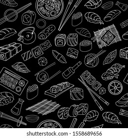 sushi rolls Asian food vector on black background  seamless texture