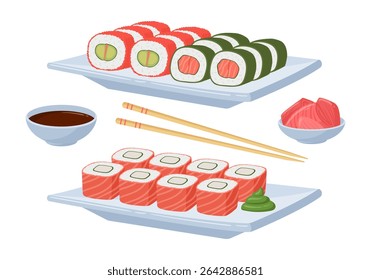 Sushi rolls. Asian traditional seafood dish, sushi, rolls with salmon, eel and tuna, traditional asian cuisine dish flat vector illustration set. Cartoon japanese sushi rolls