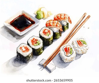 Rolos de sushi com abacate, salmão, camarão, algas marinhas aquarela-estilo ilustração vetorial com respingos vibrantes de cor. Rolos de Sushi Salmon. Perfeito para menus de cozinha japonesa, marca de restaurante.