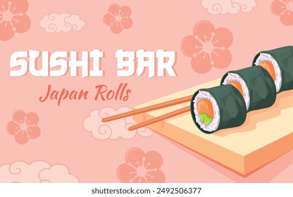 Sushi rolls banner. Japanese cookery seafood menu advertising event invitation poster, fresh sushi sashimi sushi-bar cafe flyer fish food asian tradition, neat vector illustration authors graphics