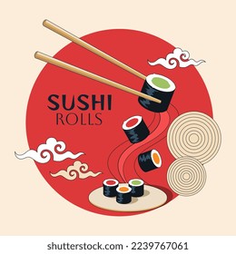 Sushi rolls banner with sign in flat design