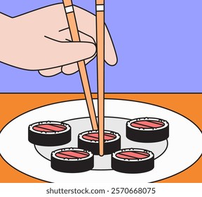 sushi rolls being picked up with chopsticks in cartoon hand drawn retro illustration vector a perfect vector for food lovers and culinary enthusiasts