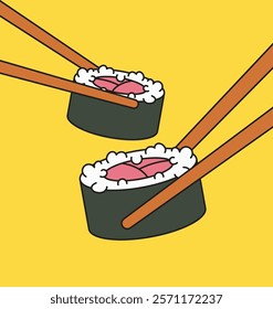 Sushi rolls being picked up with chopsticks in cartoon hand drawn retro illustration design ideal for culinary promotions and food blogs