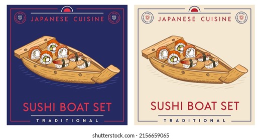 Sushi rolls boat set in a wooden platter