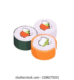 Sushi rolls cartoon vector illustration.
Philadelphia roll. Japanese food. 
Asian food. Restaurant. Seaweed, salmon, rice